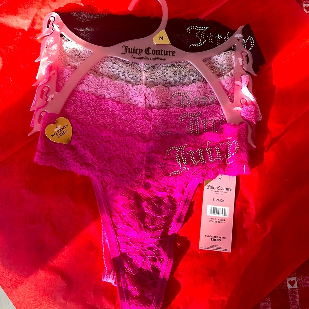 NWT Juicy Couture 5 pack thong set size medium. Juicy in rhinestones. Lace!